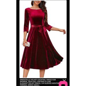 New DRESSTELLS Red Velvet A-Line Dress 3/4 Sleeves Small
